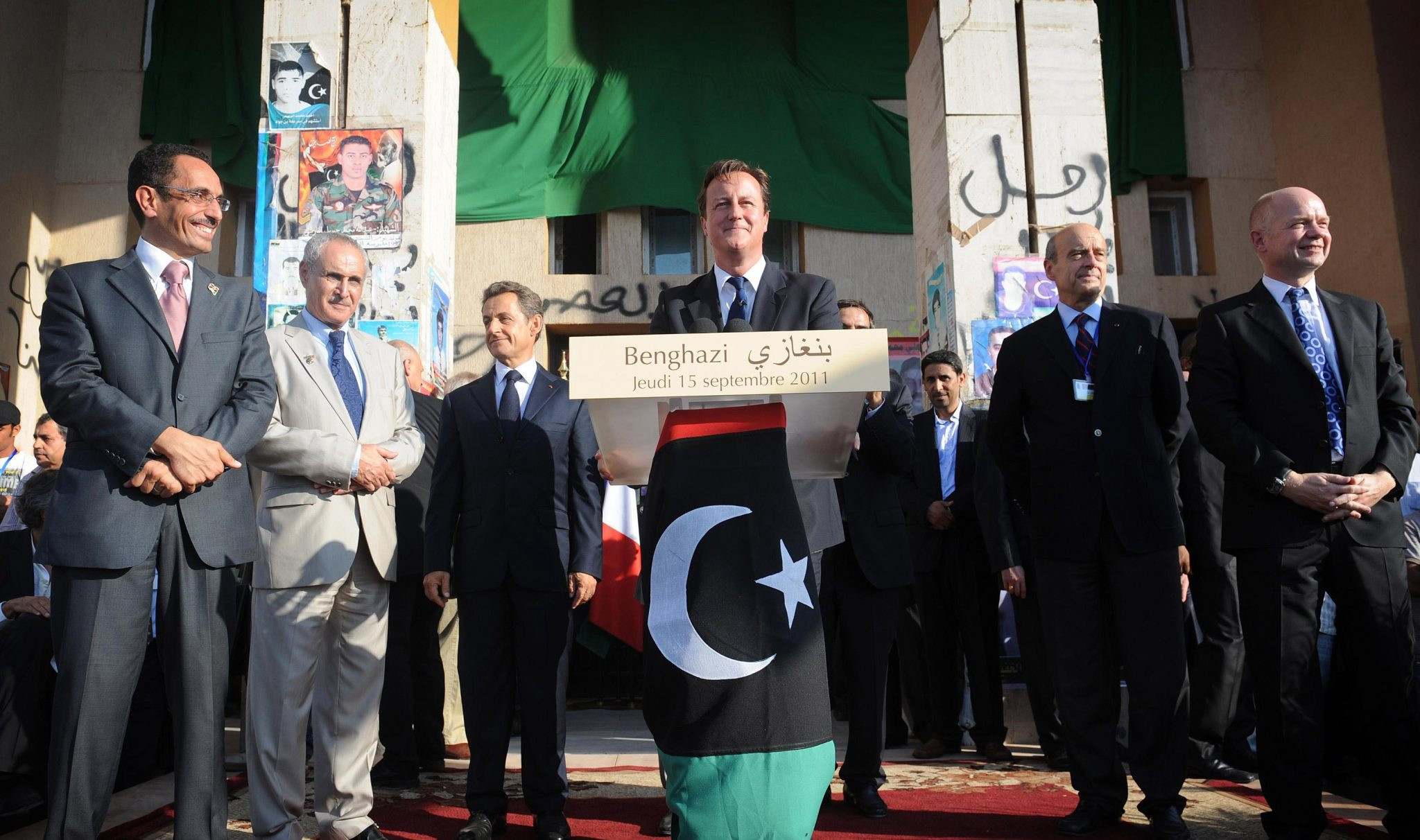 David Cameron celebrates in Benghazi, Libya, with French president Nicholas Sarkozy in 2011. (Photo: Stefan Rousseau / Getty Images)