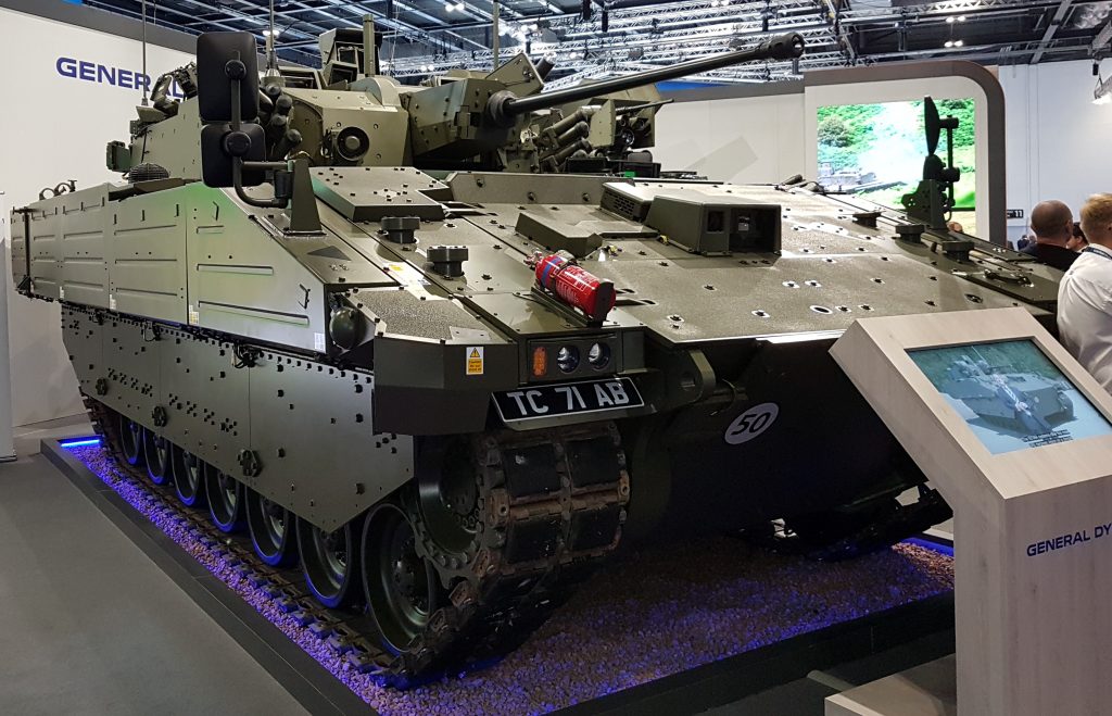 An Ajax vehicle on display at DSEI 2021 (Photo: Phil Miller / Declassified UK)