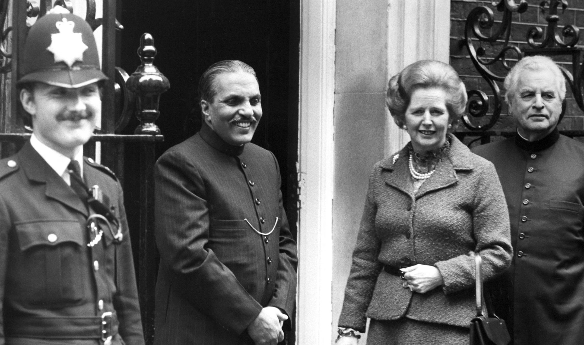 Margaret Thatcher receives Prime Minister of Pakistan Zia Ul-Haq at 10 Downing Street in London on October 6, 1980, UK.