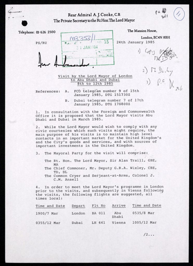 A declassified British document outlining preparation for a visit by the Lord Mayor to the UAE in March 1985.