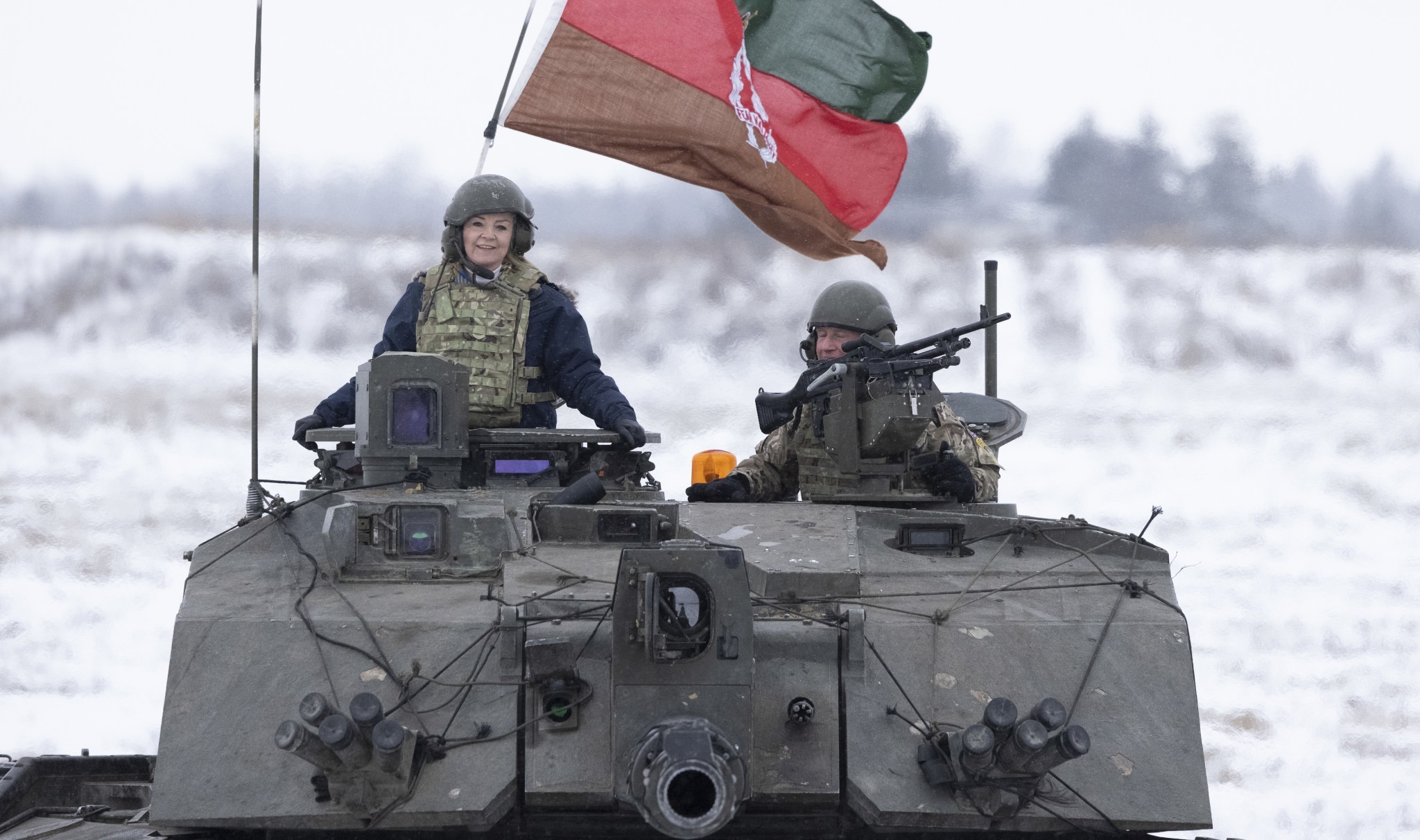 Foreign Secretary Liz Truss rides a tank in Estonia (Photo: Simon Dawson / No 10 Downing Street)