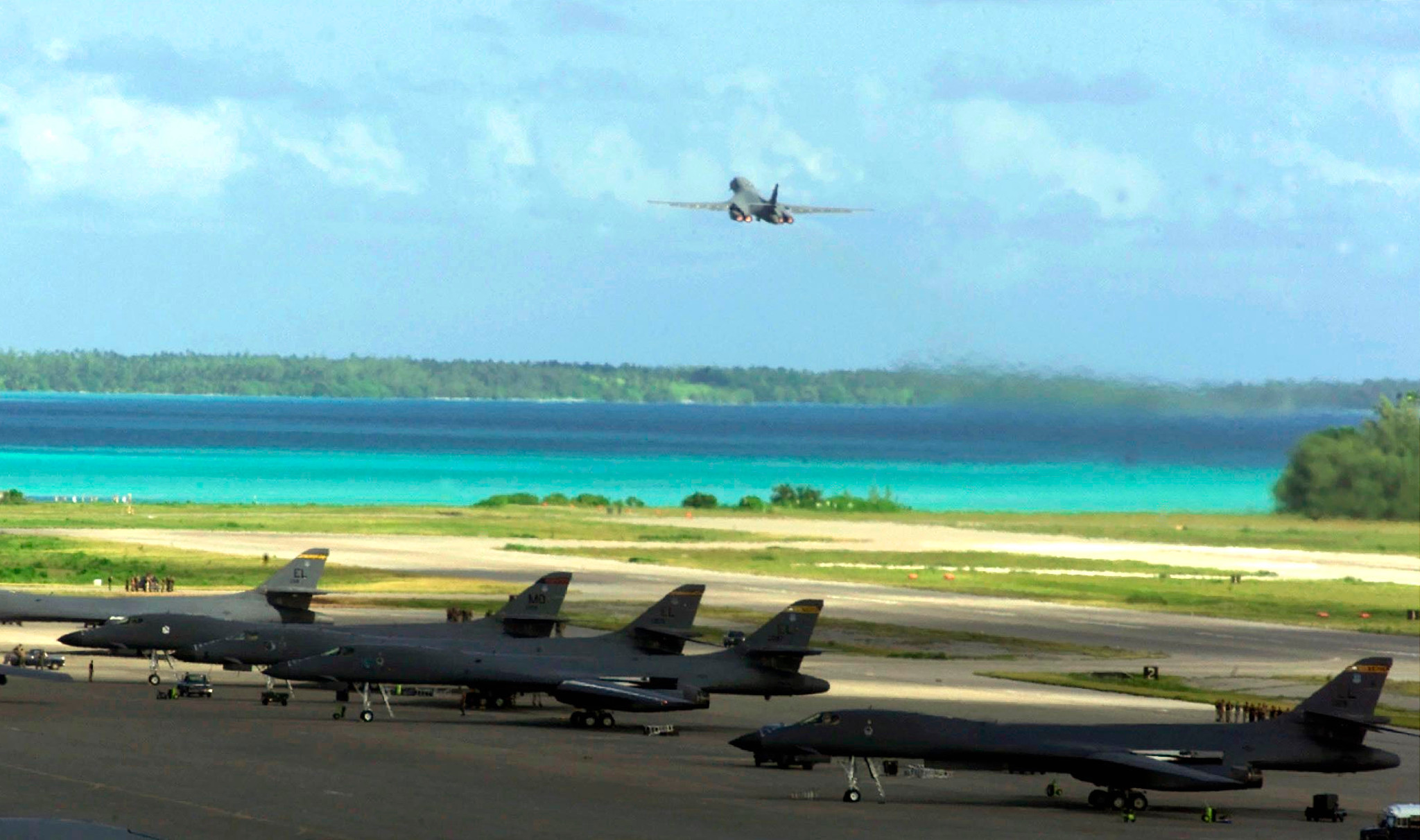 USAF B-1 Bombers at the air base on Diego Garcia. (Photo by: Pictures From History/Universal Images Group via Getty Images)
