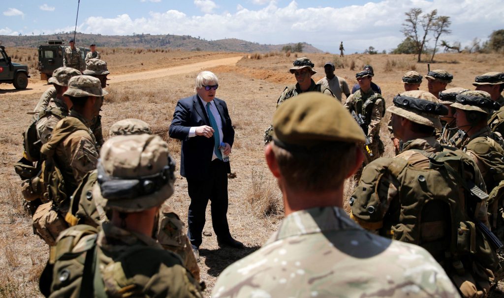Boris Johnson with British troops at Ole Naishu in 2017. (Photo: Thomas Mukoya / AFP via Getty)