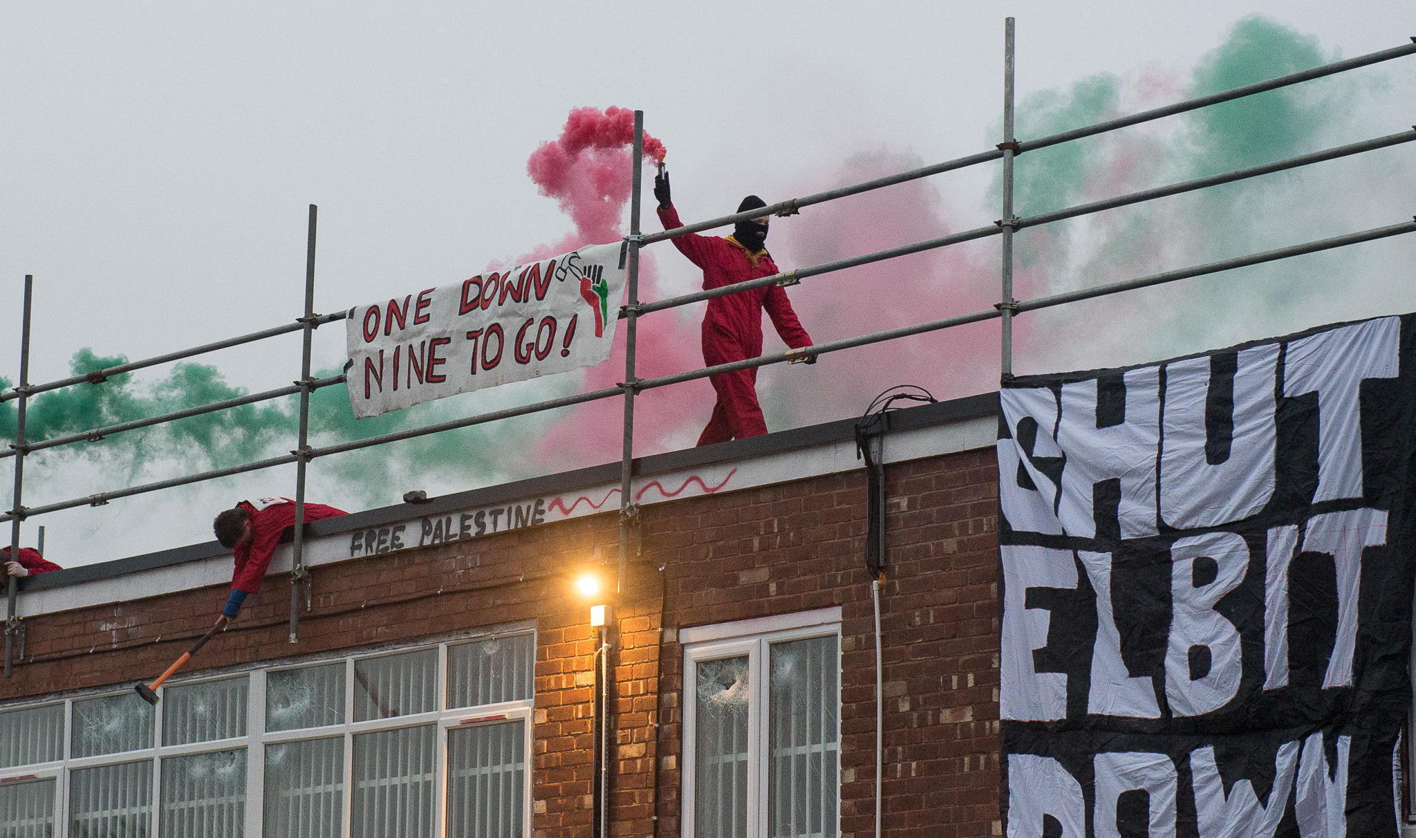 Palestine Action activists at Elbit’s factory in Shenstone this January. (Photo: Guy Smallman / Getty)
