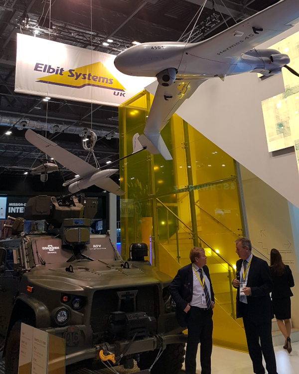Elbit displays its Hermes 450 drone at an arms fair in London, 2019. (Photo: Phil Miller)