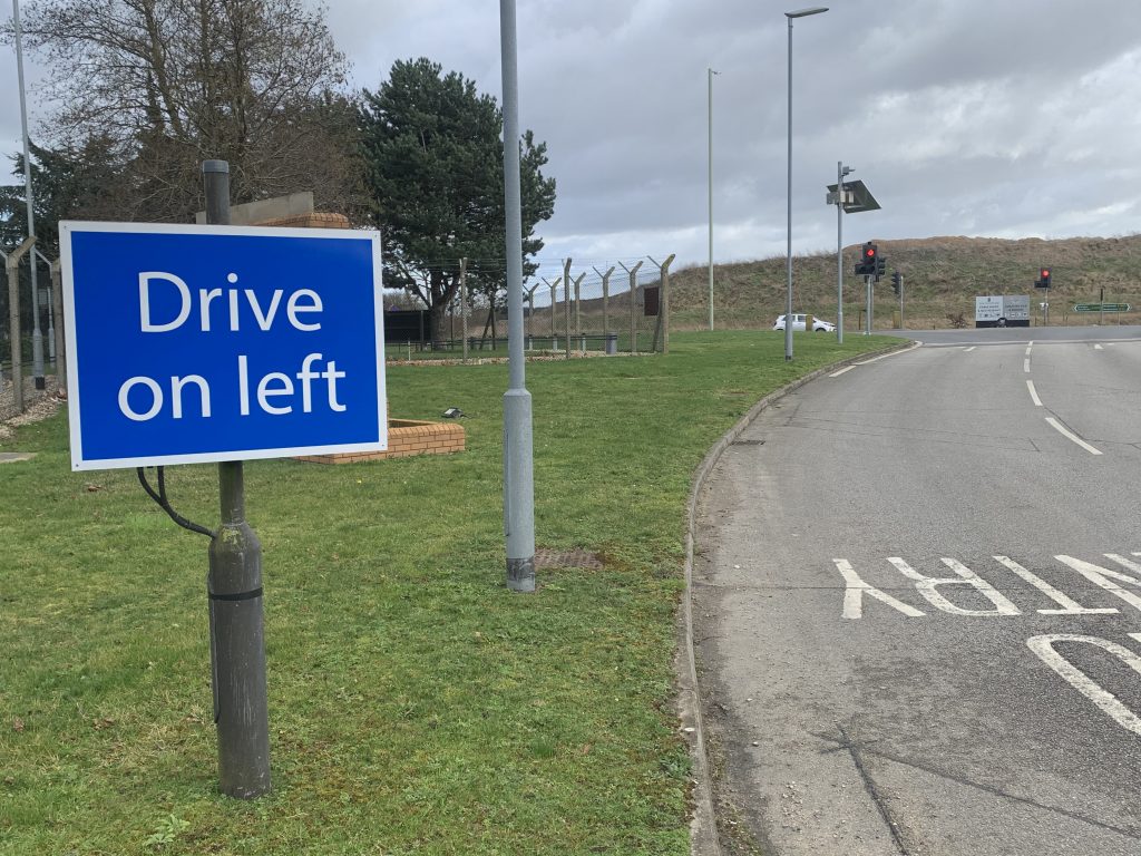 US personnel are reminded to drive on the left as they leave RAF Lakenheath in Suffolk. (Photo: Matt Kennard/DCUK)
