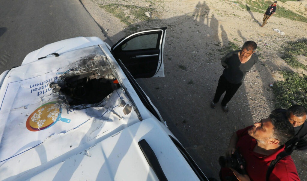 A World Central Kitchen vehicle hit by an Israeli drone in Gaza. (Photo: Omar Ashtawy via Alamy)