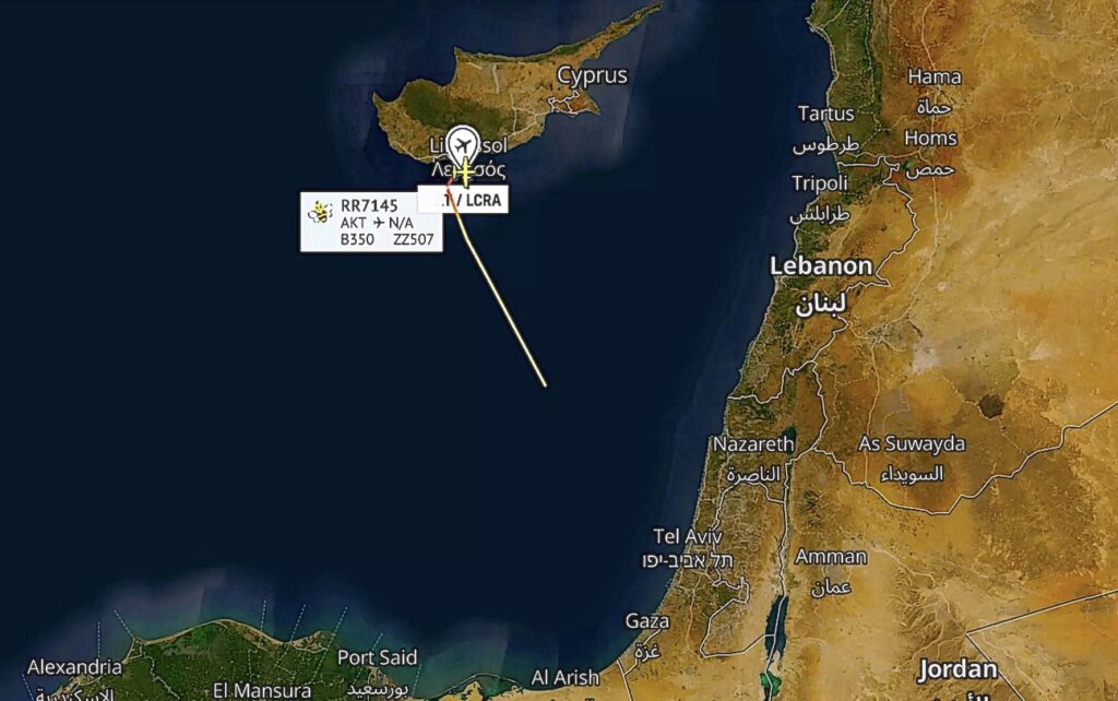 Flightpath of a British Shadow R1 spy on its way to Gaza. (Screengrab: RadarBox)