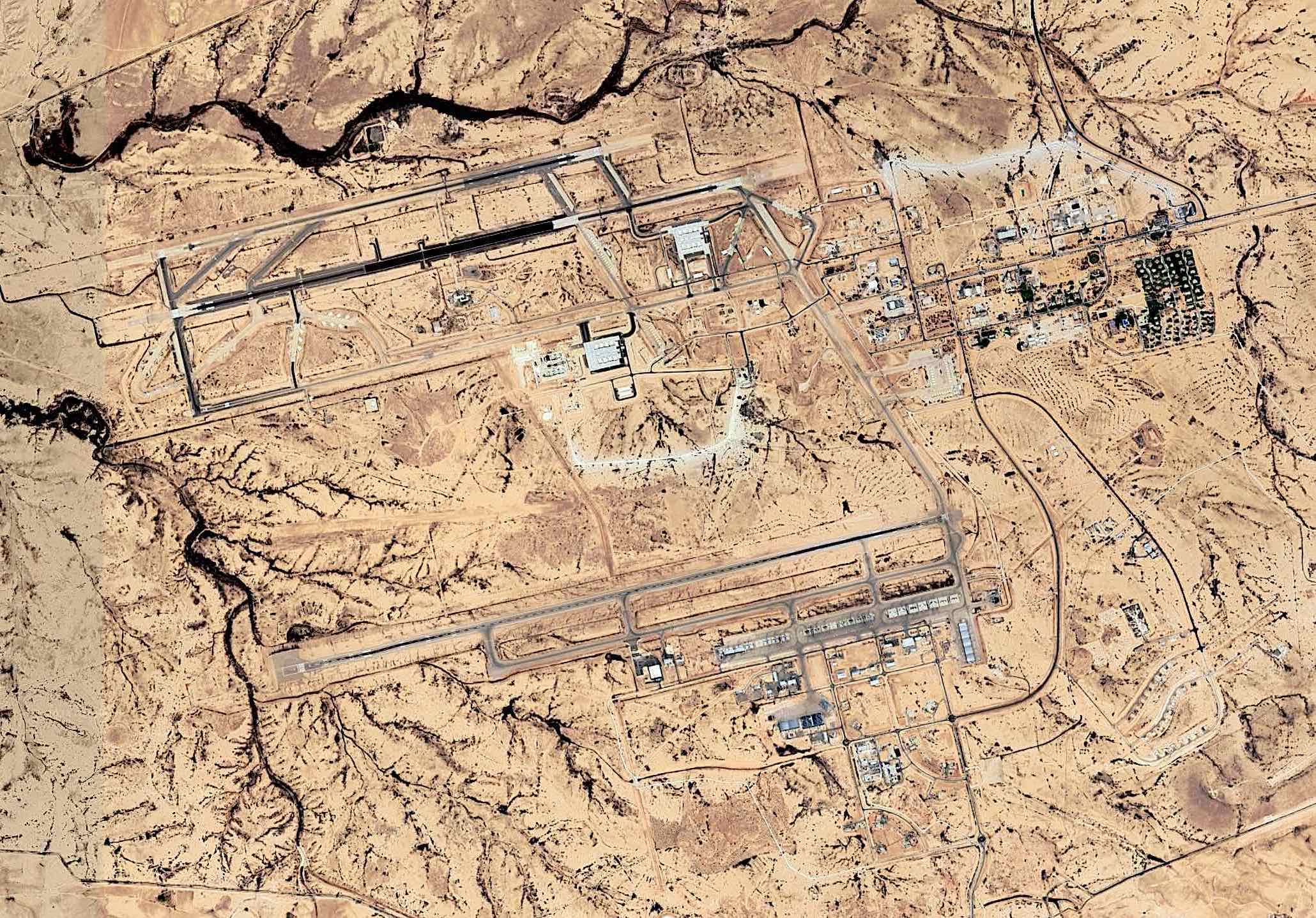 Aerial view of Israel’s Nevatim air base where a British spy plane landed in February. (Google Earth)