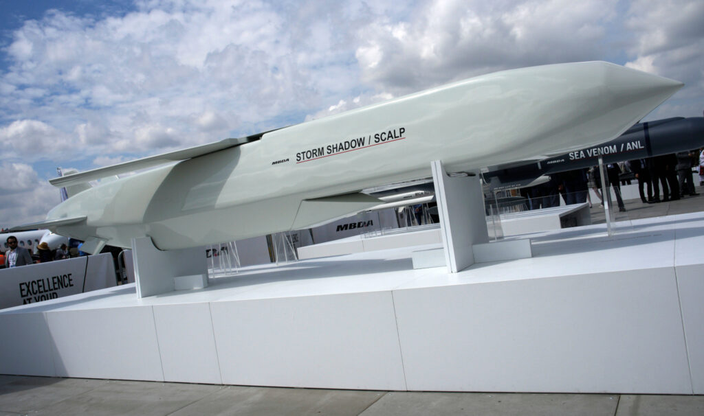 2X95A42 FILE - The Storm Shadow cruise missile is on display during the Paris Air Show in Le Bourget, north of Paris, France, on June 19, 2023. French President Emmanuel Macron has called for Western countries to let Ukraine strike military bases inside Russia with the sophisticated long-range weapons they are providing to Kyiv. It is the most recent sign of a potentially significant policy shift that could help change the complexion of the war. (AP Photo/Lewis Joly, File)