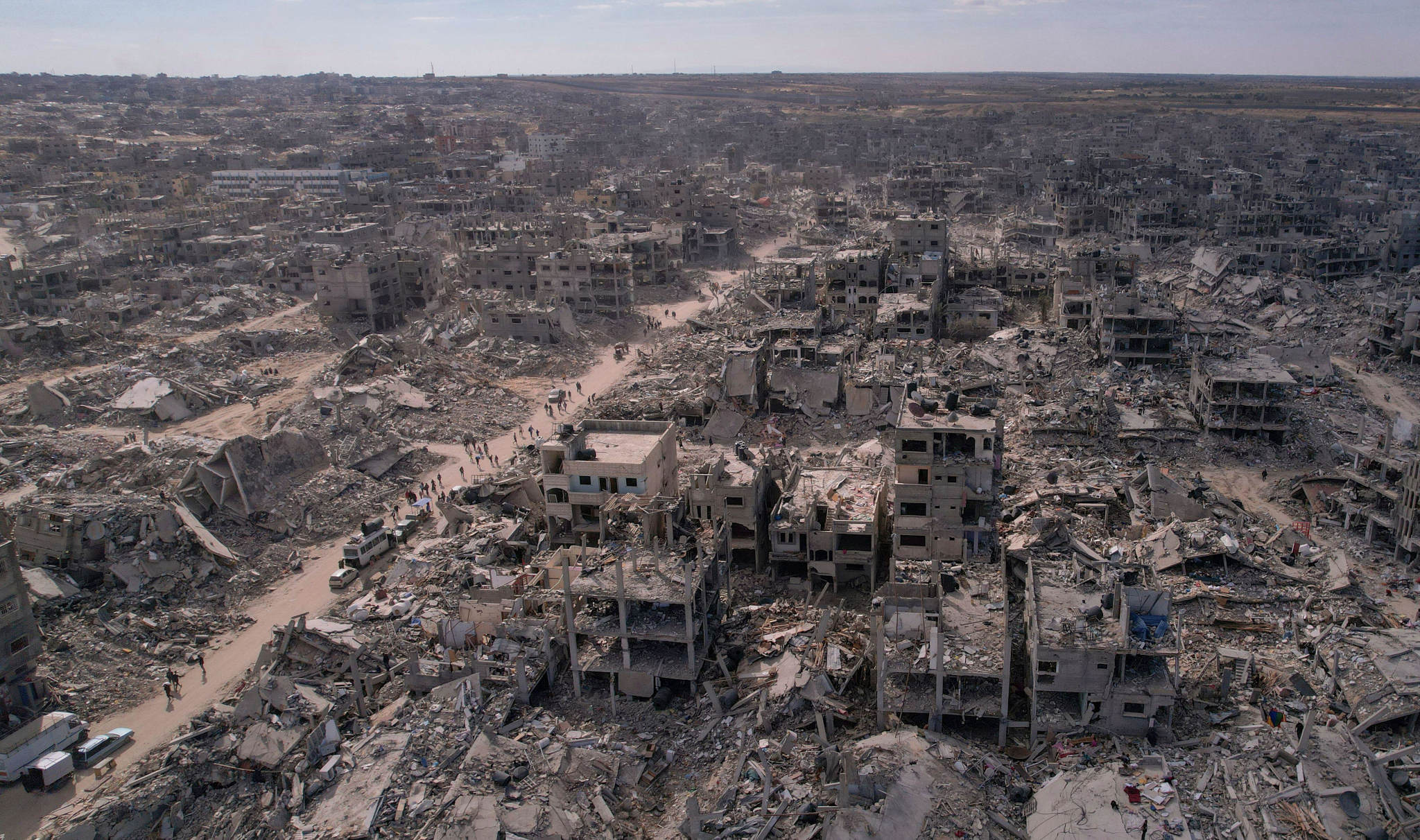 An aerial photograph taken by a drone shows displaced Palestinians returning to Rafah, a day after the ceasefire deal between Israel and Hamas came into effect, Gaza Strip, Monday, Jan. 20, 2025.