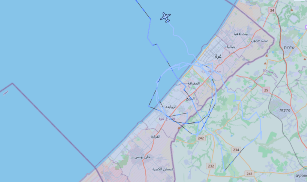 A US Beechcraft surveillance aircraft circling Nuseirat refugee camp in Gaza less than 24 hours before Israel’s deadly aircraft (Source: ADBS Exchange)