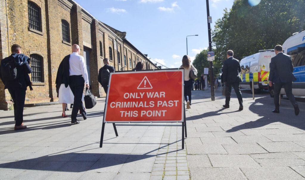 A mock sign greets delegates arriving at DSEI. (Photo: Vuk Valcic / Alamy)