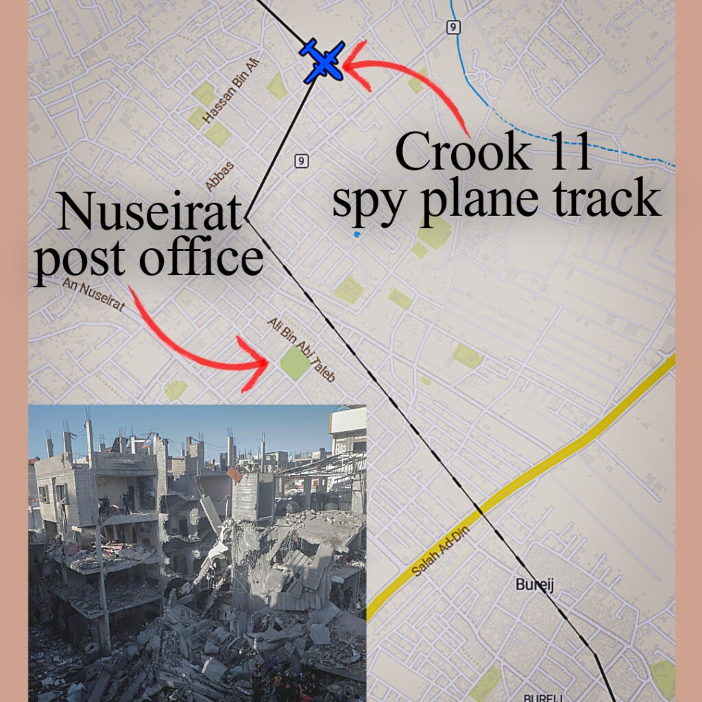Flight data from 11 December 2024 shows the plane flew close to Nuseirat post office where Israel bombed a house (inset) the next night. (Images: ADS-B Exchange, Alamy)