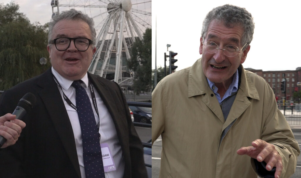 Tom Watson (left) and Peter Prinsley outside Labour’s conference in Liverpool. (Photos: Declassified UK)