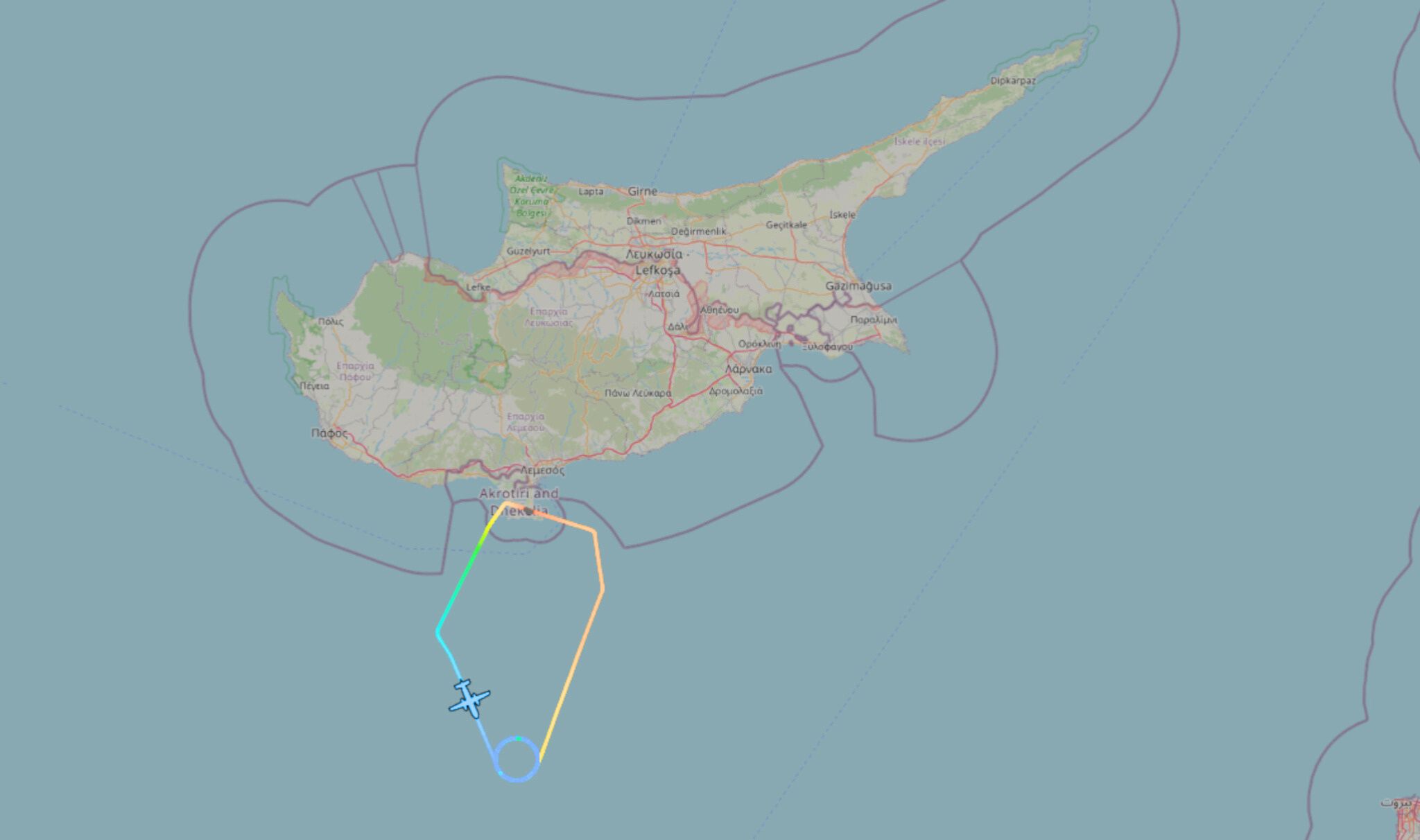 Crook12’s flight path south of Cyprus on Monday. (Screenshot: ADS-B Exchange)