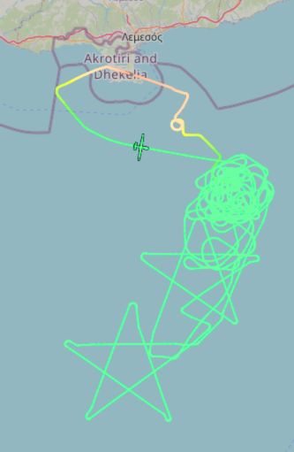 The flight path of an RAF drone from Akrotiri yesterday. (Screenshot: ADS-B Exchange)