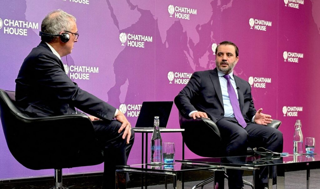 Syrian Foreign Minister Asaad al-Shaibani speaks at Chatham House (Photo: Alexander Seale / Alamy)